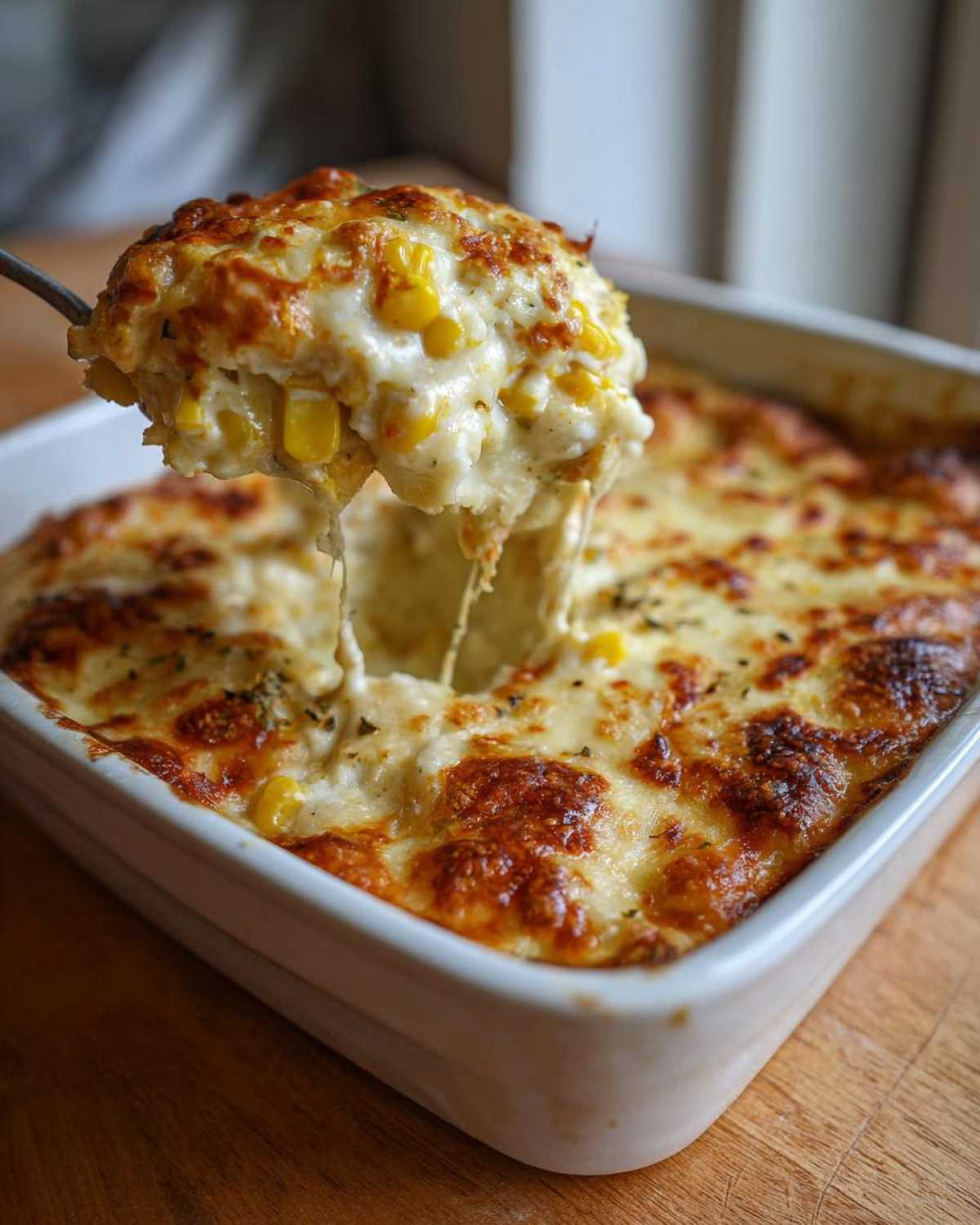 A spoonful of hot, cheesy, baked corn dip being lifted from a white baking dish, showing melted cheese strings.
