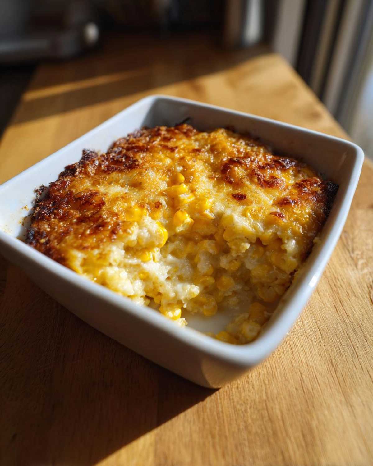 Close-up of a baked corn dip in a white square dish, showing creamy texture and a crispy, golden cheese crust.