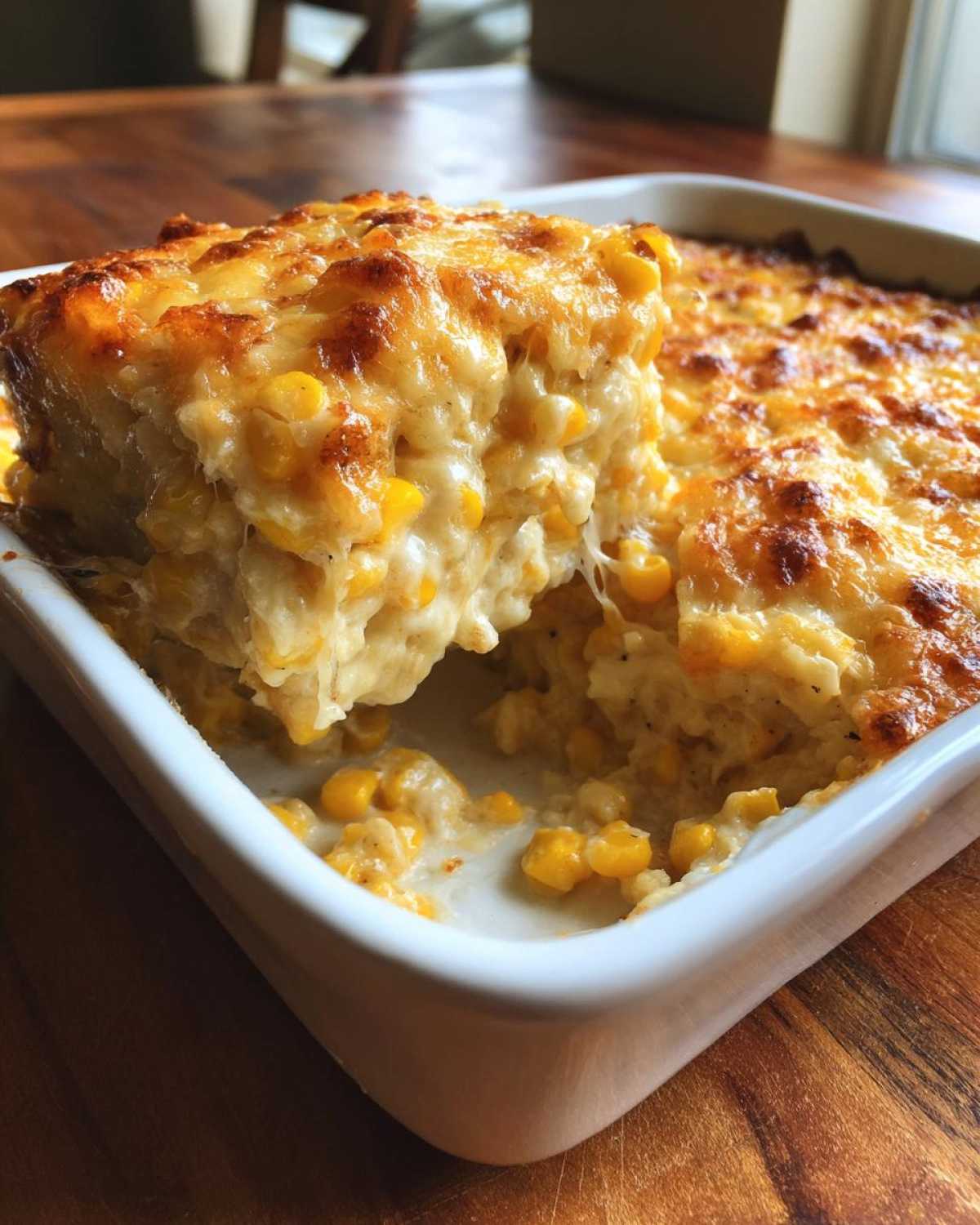 A scoop of creamy, cheesy baked corn dip being lifted from a white baking dish.