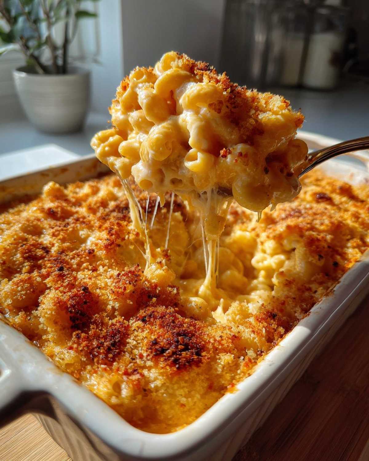 A spoonful of creamy, cheesy baked mac and cheese being lifted, showing long cheese pulls over the golden, crusted casserole.
