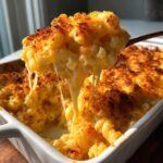 A spoonful of creamy baked mac and cheese showing extreme cheese pull and a crispy browned topping.