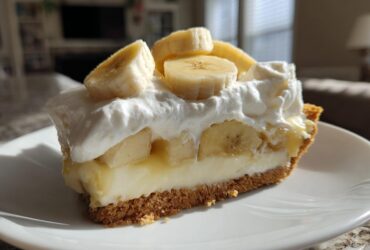 A close-up slice of banana cream pie recipe featuring a graham cracker crust, thick vanilla custard, and whipped cream topped with fresh banana slices.