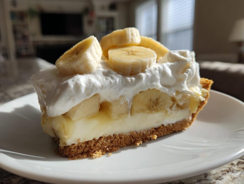 A close-up slice of banana cream pie recipe featuring a graham cracker crust, thick vanilla custard, and whipped cream topped with fresh banana slices.