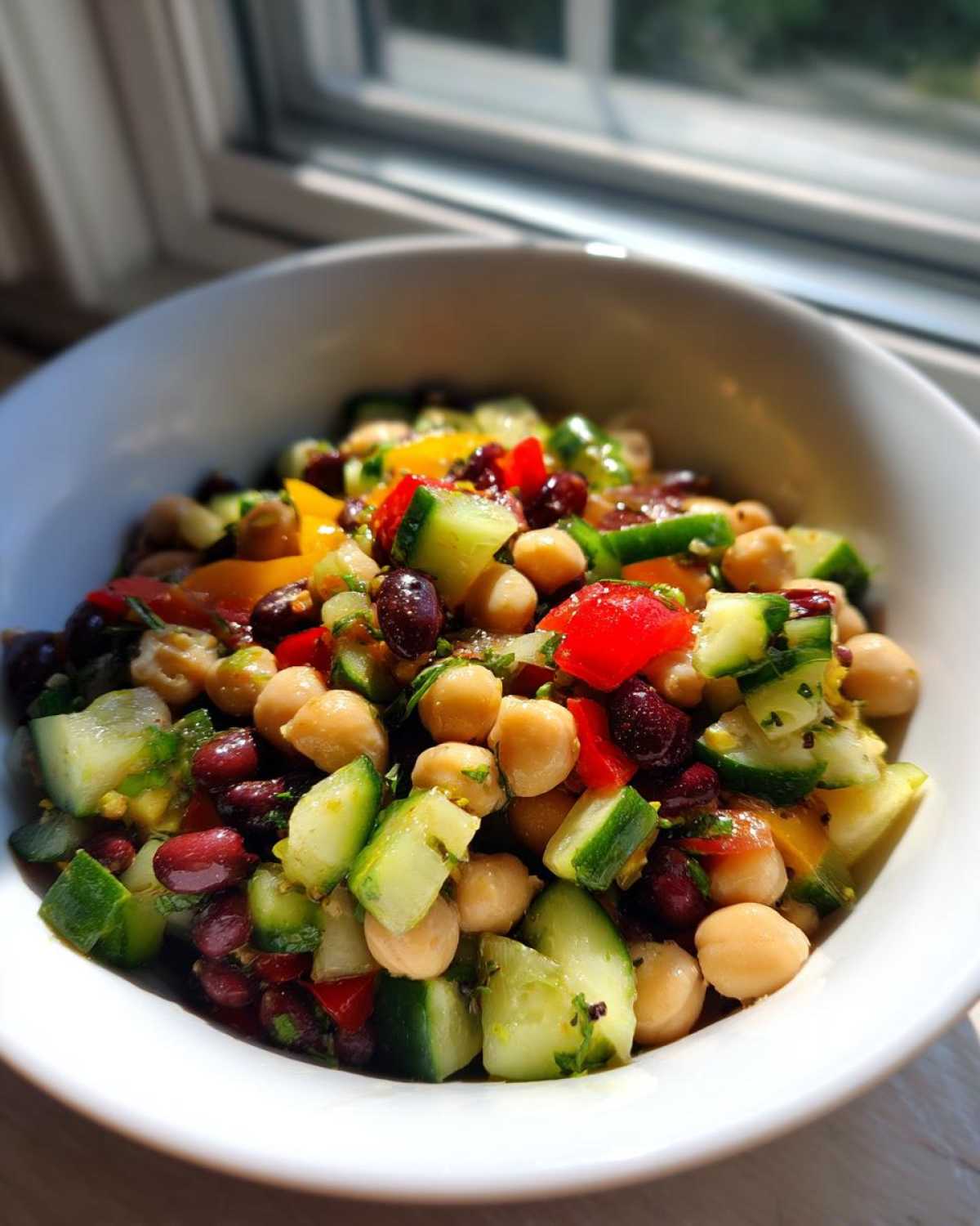 Close-up of a vibrant bean salad featuring chickpeas, kidney beans, diced cucumber, and red peppers in a white bowl.