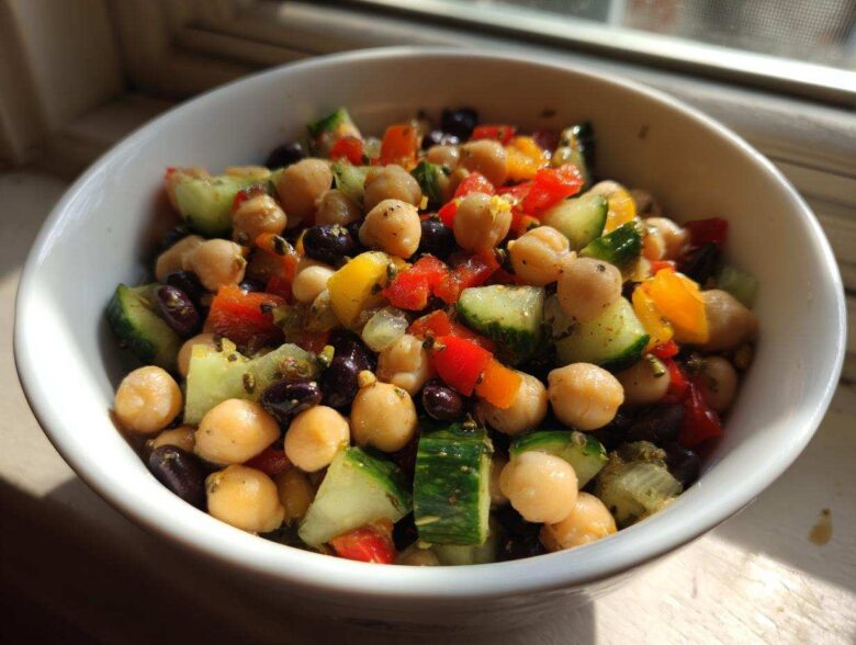 Close-up of a vibrant bean salad featuring chickpeas, black beans, cucumber, and bell peppers in a white bowl.