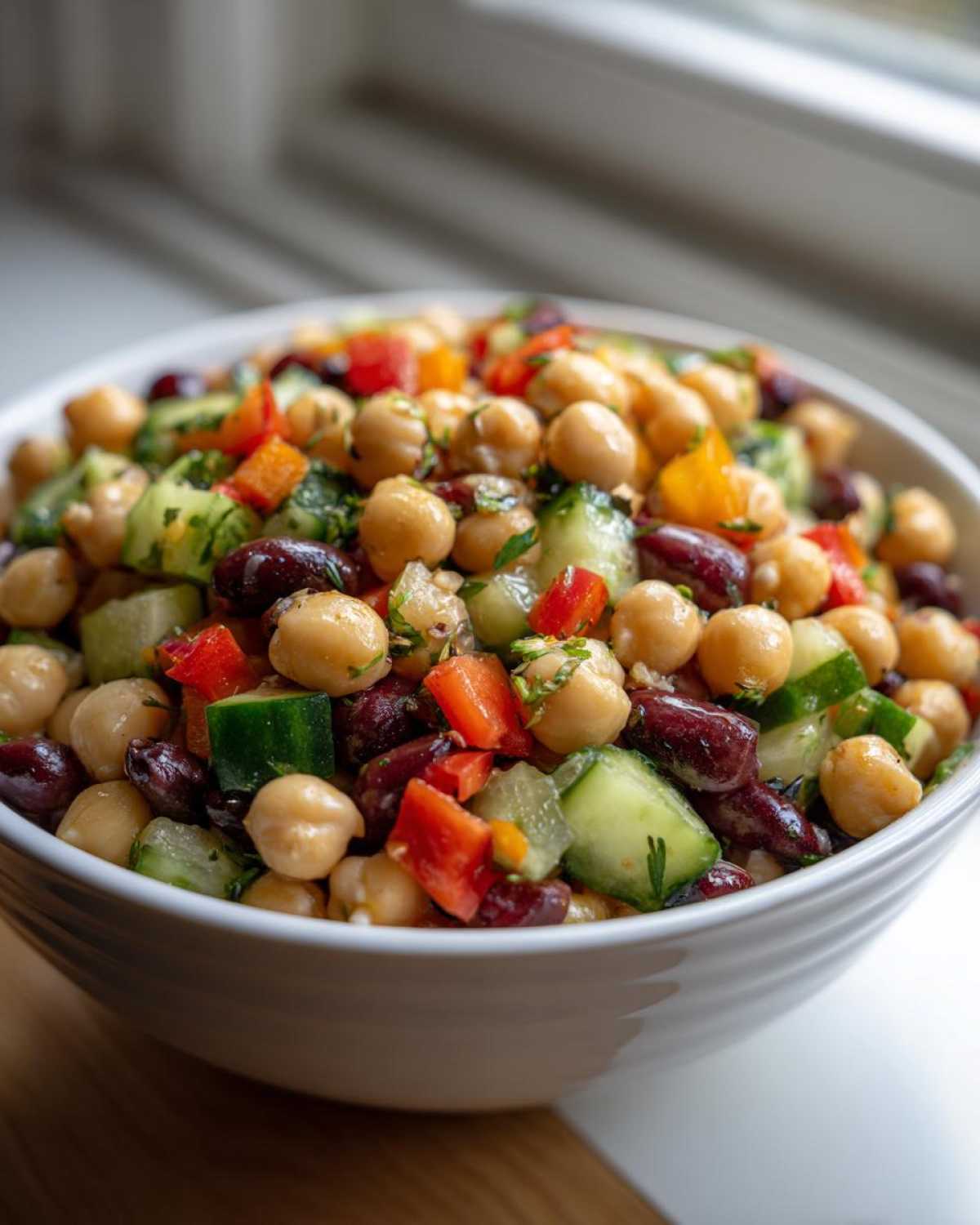 Close-up of a white bowl filled with vibrant bean salad featuring chickpeas, kidney beans, cucumber, and red peppers.