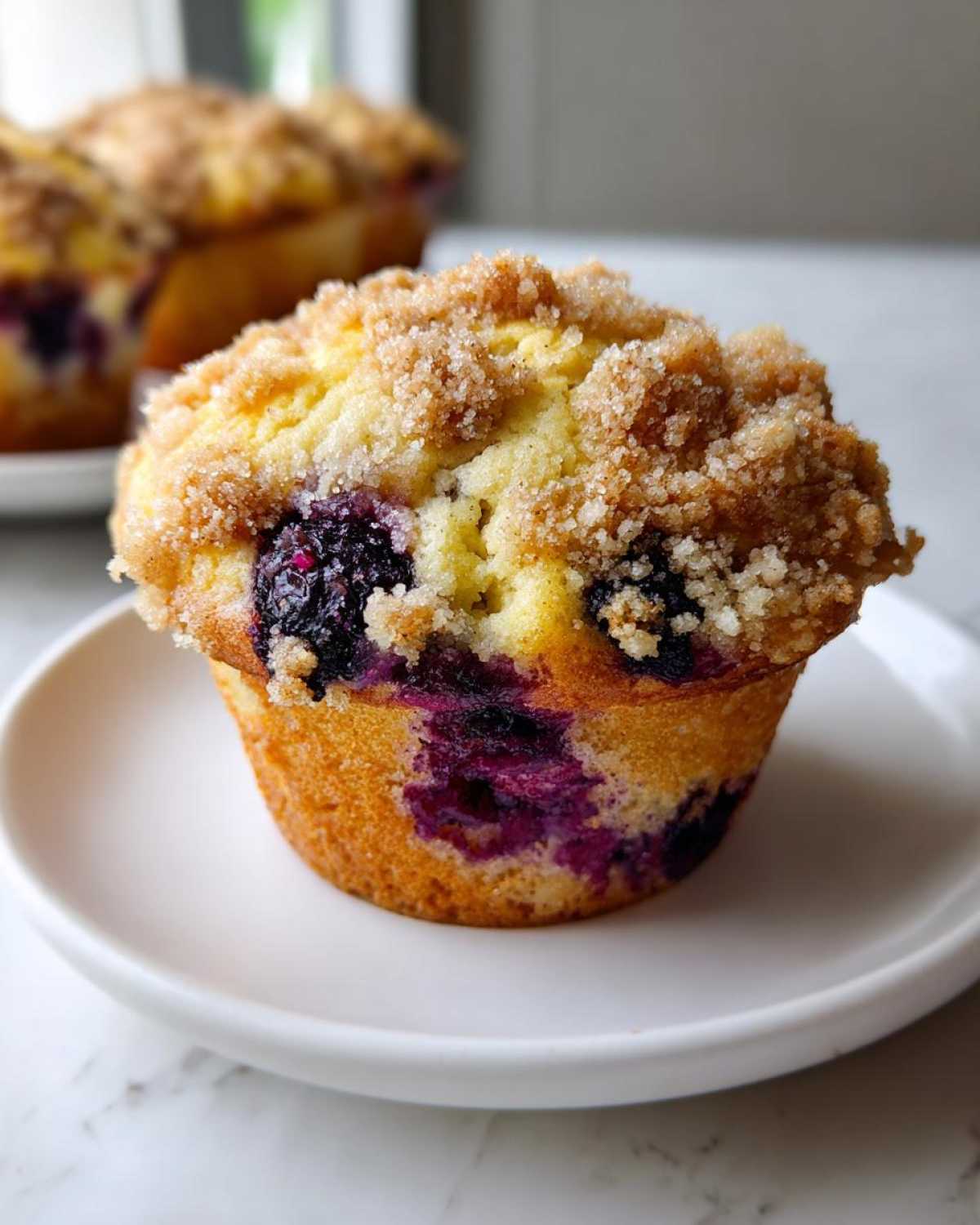 A close-up of a golden blueberry muffin topped with brown sugar streusel, sitting on a white plate.