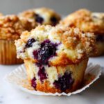 A close-up of a moist blueberry muffin with a sugary crumb topping, featuring visible burst blueberries.