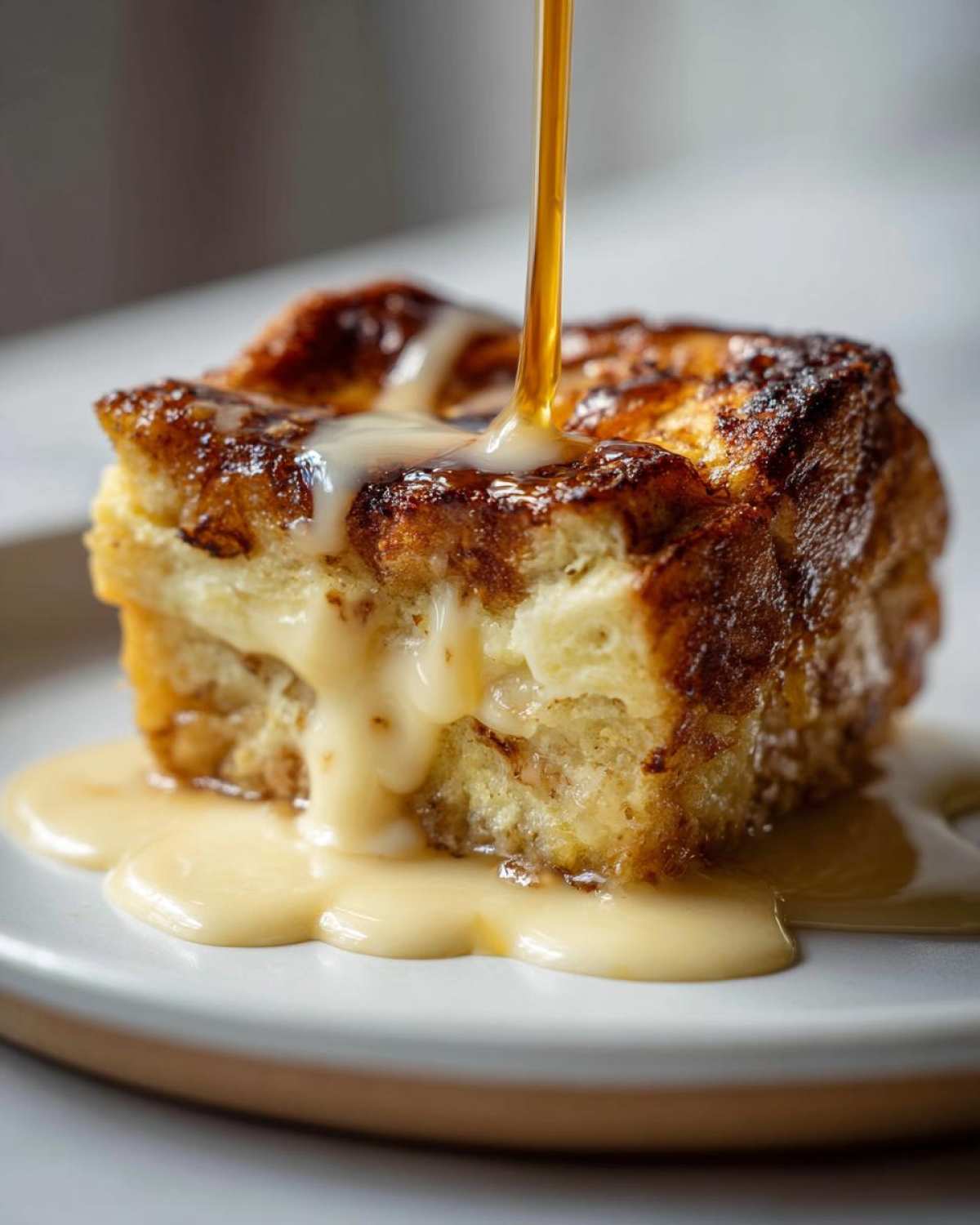 A close-up of a square slice of baked bread pudding being drizzled with a light-colored sauce or caramel.