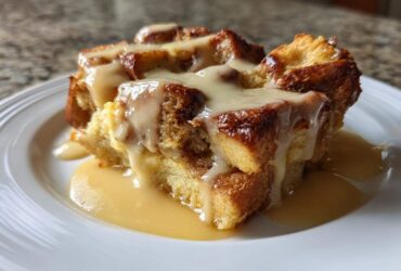 A close-up of a rich slice of bread pudding topped generously with creamy vanilla sauce.