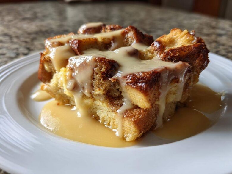 A close-up of a rich slice of bread pudding topped generously with creamy vanilla sauce.
