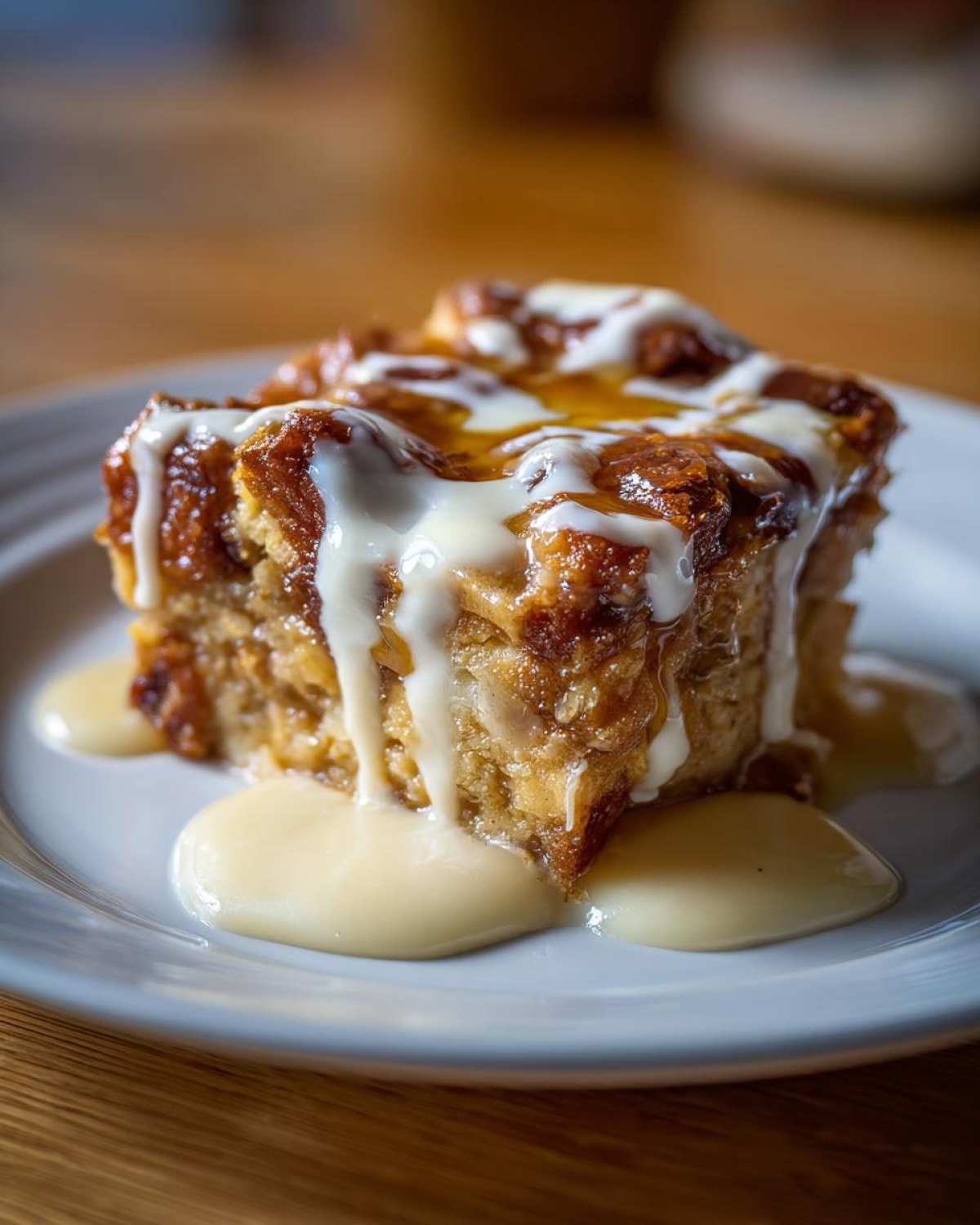 A decadent square of golden brown bread pudding topped with thick white vanilla sauce.