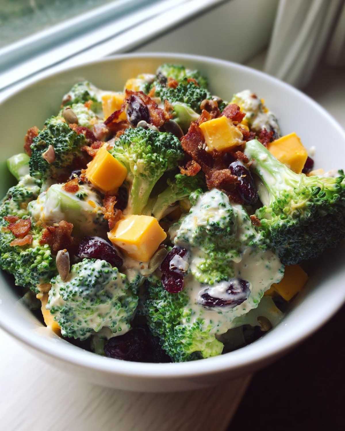 A close-up view of a creamy broccoli salad featuring fresh florets, cheddar cheese cubes, bacon bits, and dried cranberries.