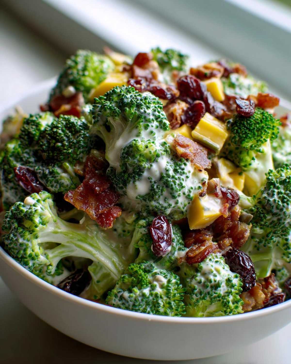 Close-up of a creamy broccoli salad featuring bright green florets, bacon bits, dried cranberries, and cheese cubes.