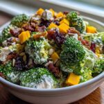 A close-up shot of a creamy, loaded broccoli salad featuring bacon, dried cranberries, cheese cubes, and sunflower seeds.
