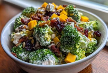 A close-up shot of a creamy, loaded broccoli salad featuring bacon, dried cranberries, cheese cubes, and sunflower seeds.