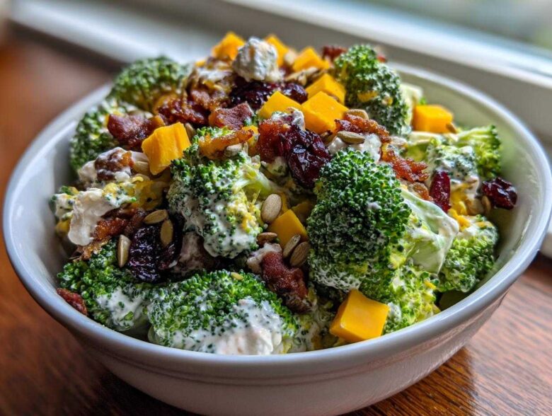 A close-up shot of a creamy, loaded broccoli salad featuring bacon, dried cranberries, cheese cubes, and sunflower seeds.