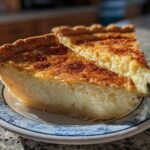 Two slices of amazing buttermilk pie showing a creamy, textured filling and golden-brown top on a blue and white plate.