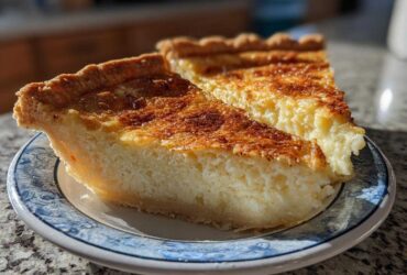Two slices of amazing buttermilk pie showing a creamy, textured filling and golden-brown top on a blue and white plate.