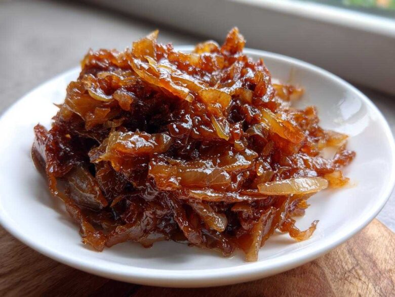 Close-up of deeply rich, glossy caramelized onions piled high on a small white dish.