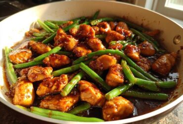 Close-up of bite-sized chicken pieces coated in a dark glaze mixed with bright green beans in a skillet.