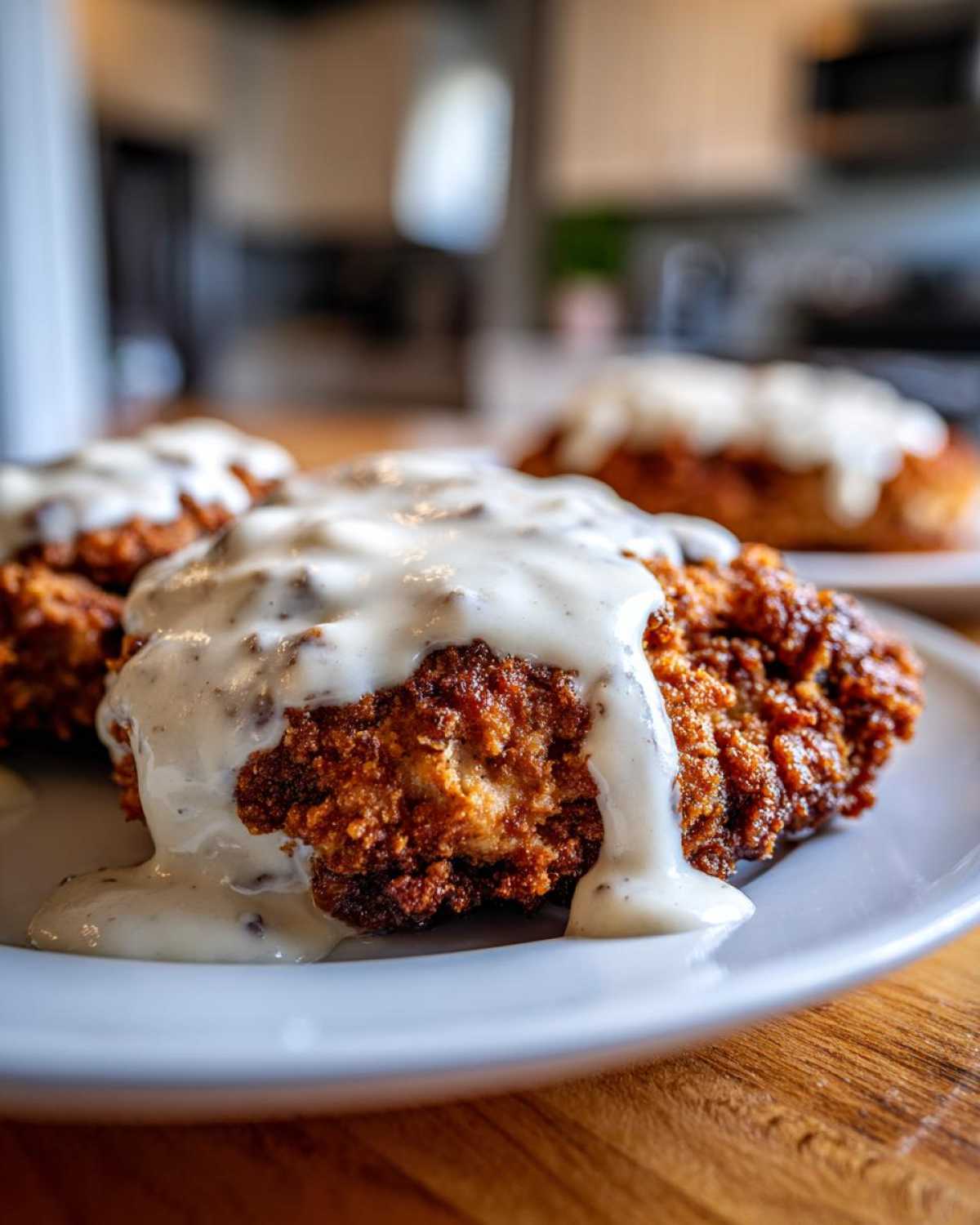 Close-up of a piece of crispy, golden brown chicken fried steak smothered in creamy white country gravy.