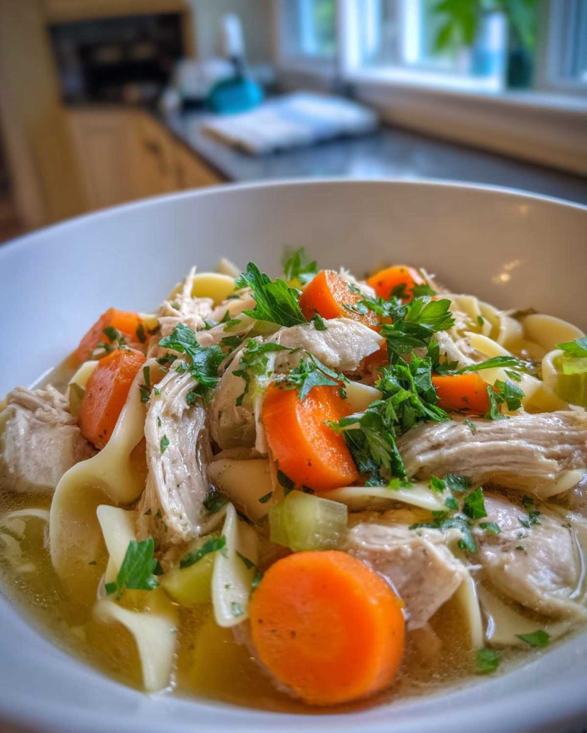 Close-up of a white bowl filled with homemade chicken noodle soup, featuring shredded chicken, thick noodles, carrots, and parsley.