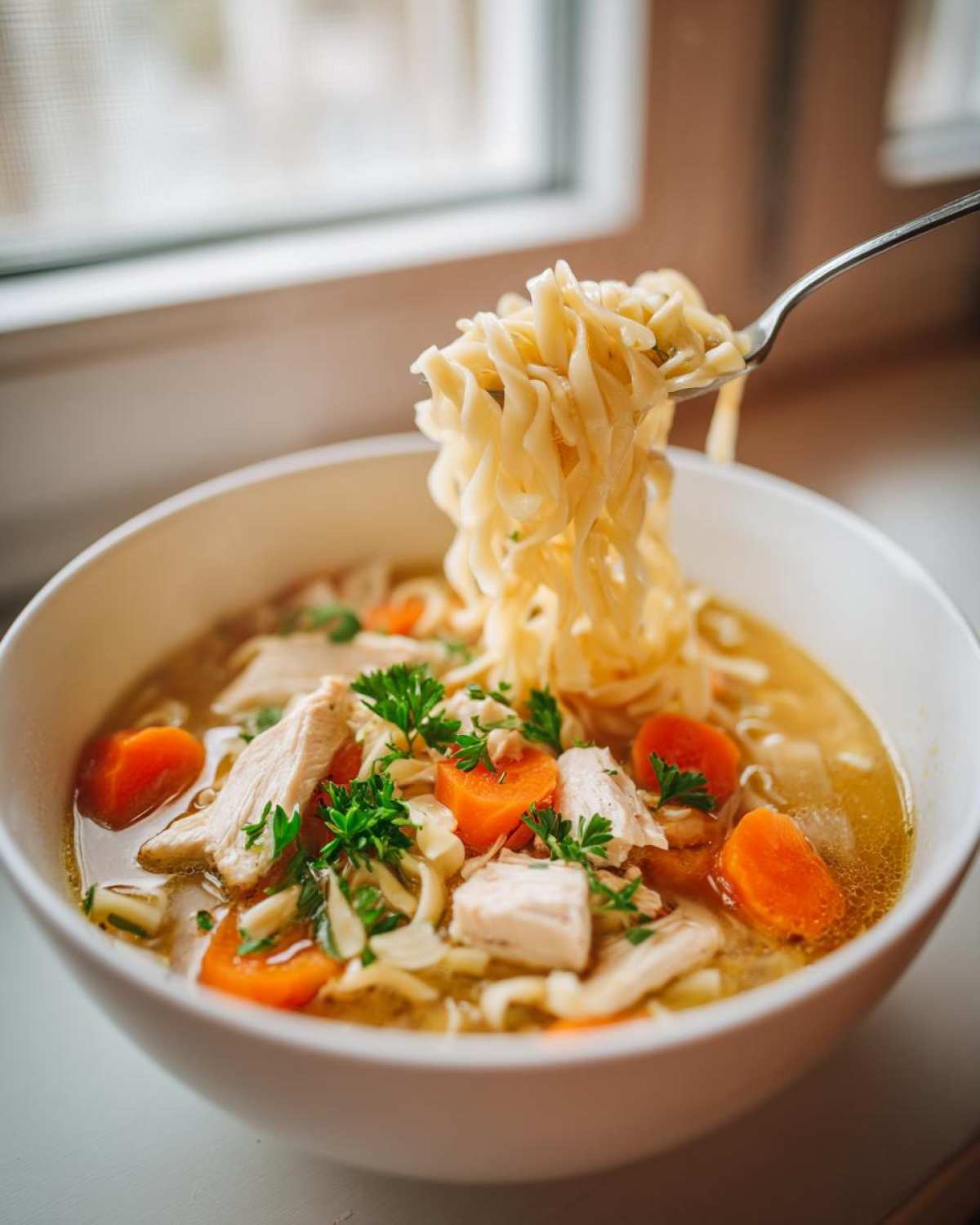 A fork lifting a tangle of egg noodles from a bowl of amazing chicken noodle soup with carrots and chicken chunks.