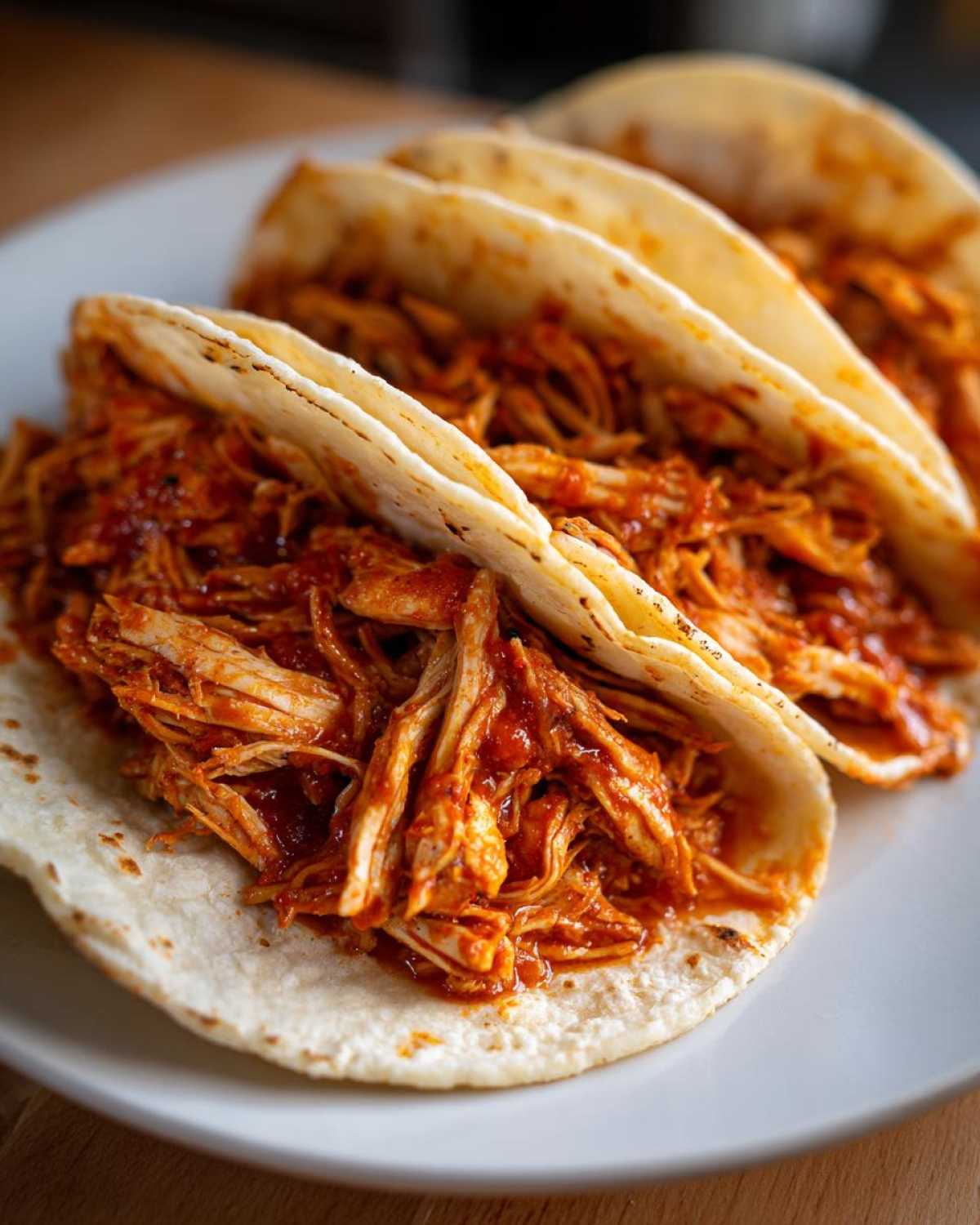 Close-up of three soft corn tortillas filled generously with saucy, shredded chicken tacos.