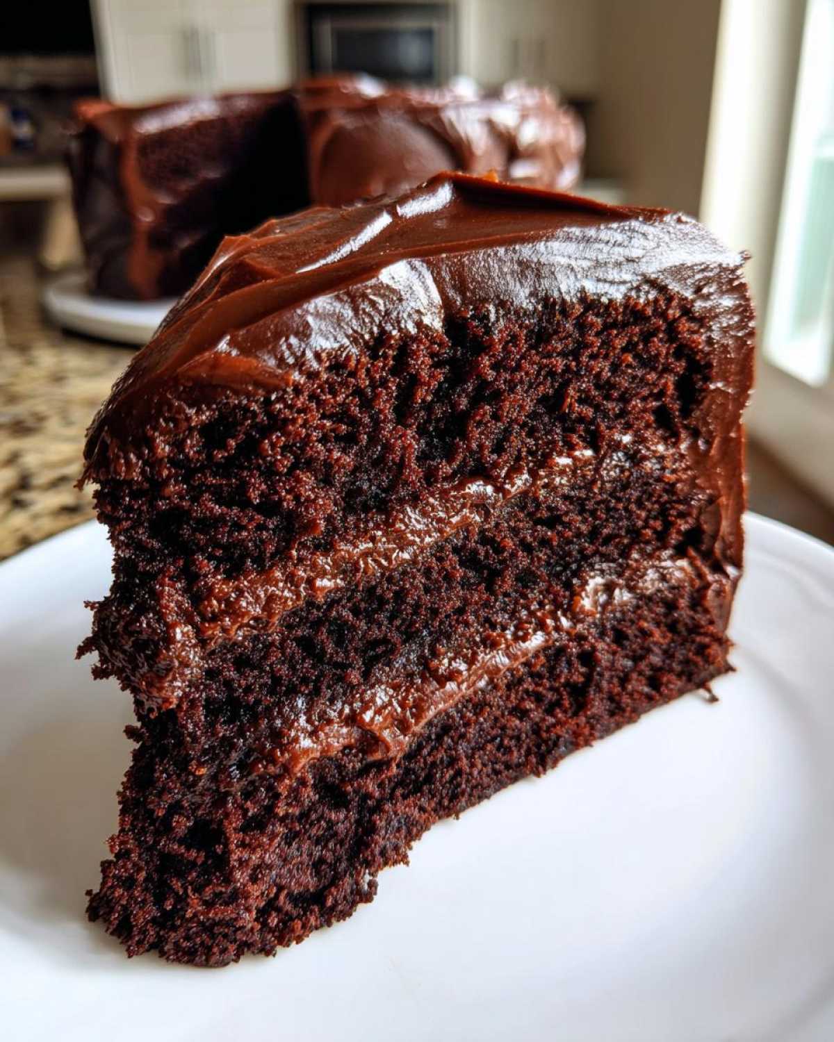 Close-up of a rich, moist slice from an amazing chocolate cake recipe with thick fudge frosting.