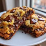 A close-up of a chocolate chip cookie broken in half, showing gooey, melted chocolate chips inside.