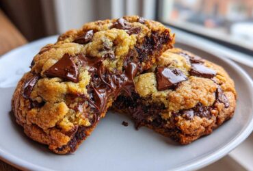 A close-up of a chocolate chip cookie broken in half, showing gooey, melted chocolate chips inside.