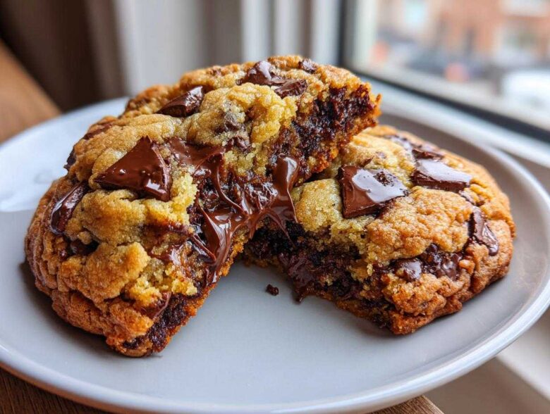 A close-up of a chocolate chip cookie broken in half, showing gooey, melted chocolate chips inside.