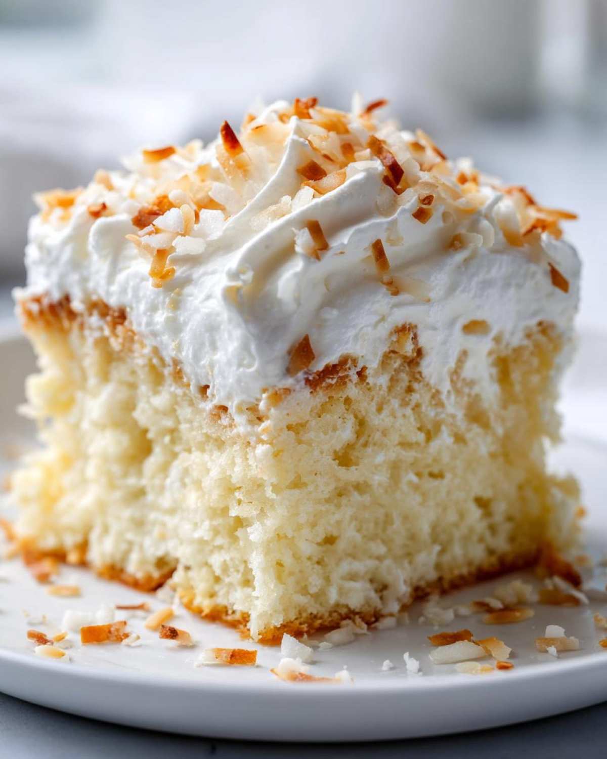Close-up of a moist slice of coconut poke cake topped with whipped cream and toasted coconut flakes.