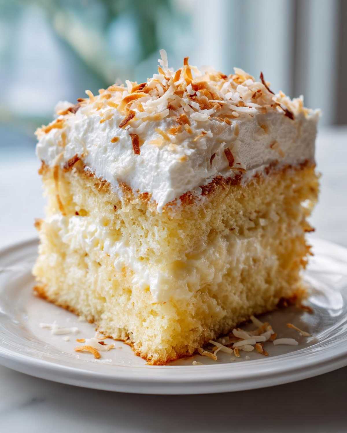 A moist slice of coconut poke cake topped with whipped cream and toasted coconut flakes.