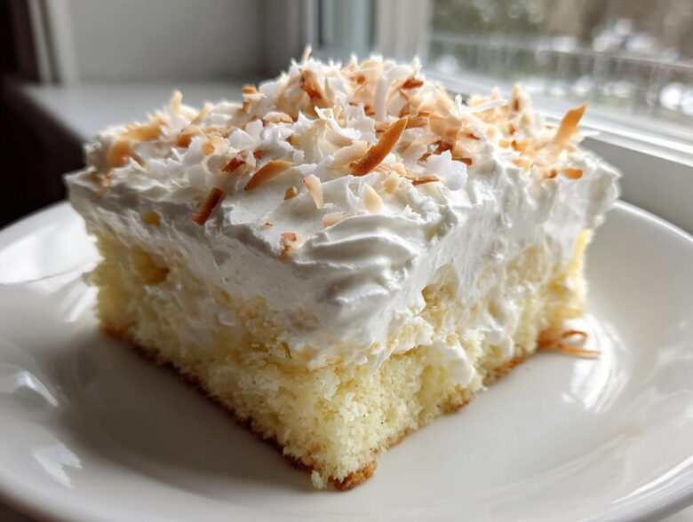 A moist slice of coconut poke cake topped with whipped cream and toasted coconut flakes.