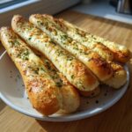 A plate piled high with freshly baked, cheesy breadsticks topped with chopped parsley.