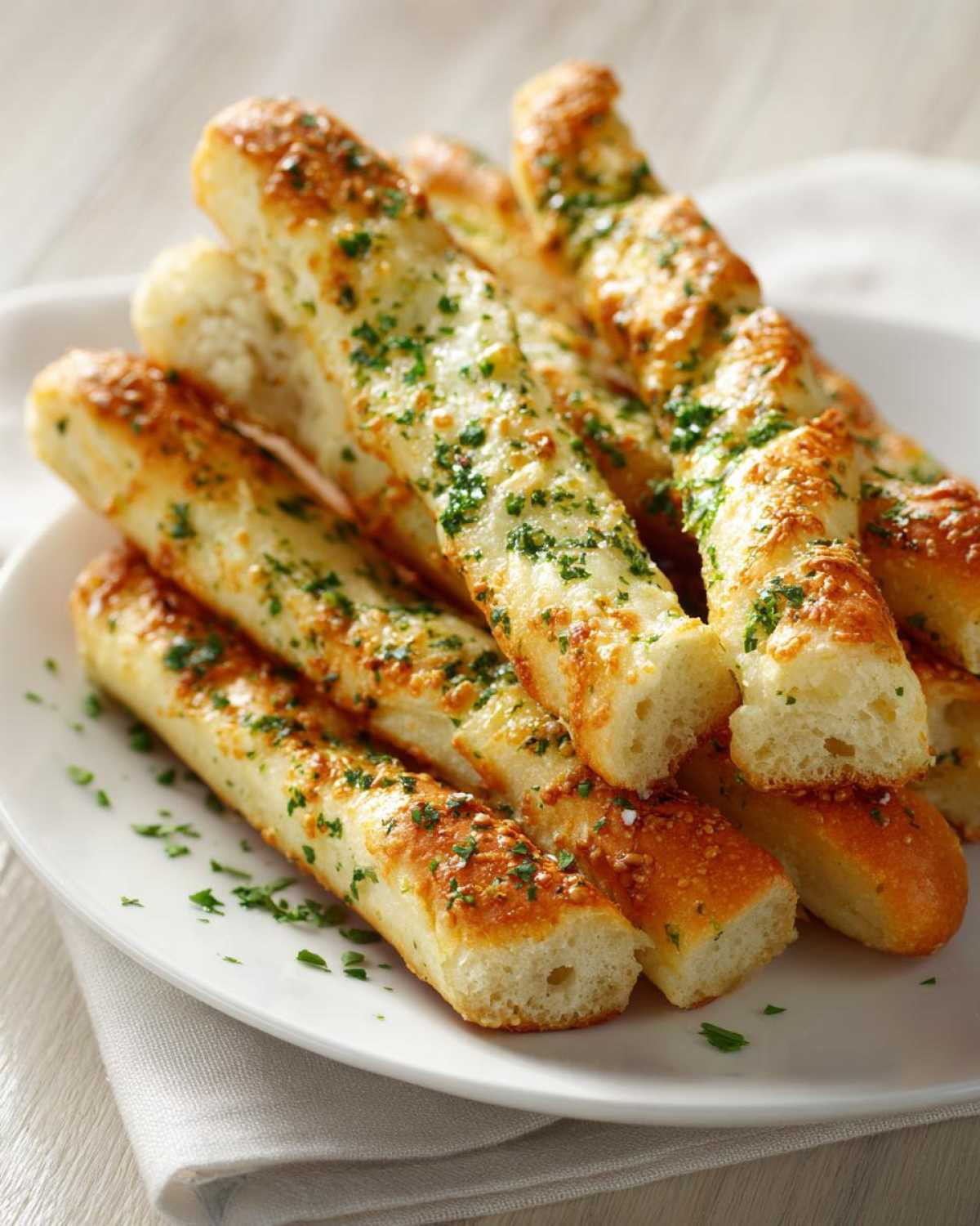 A close-up of freshly baked, golden-brown copycat breadsticks seasoned with garlic butter and fresh parsley on a white plate.