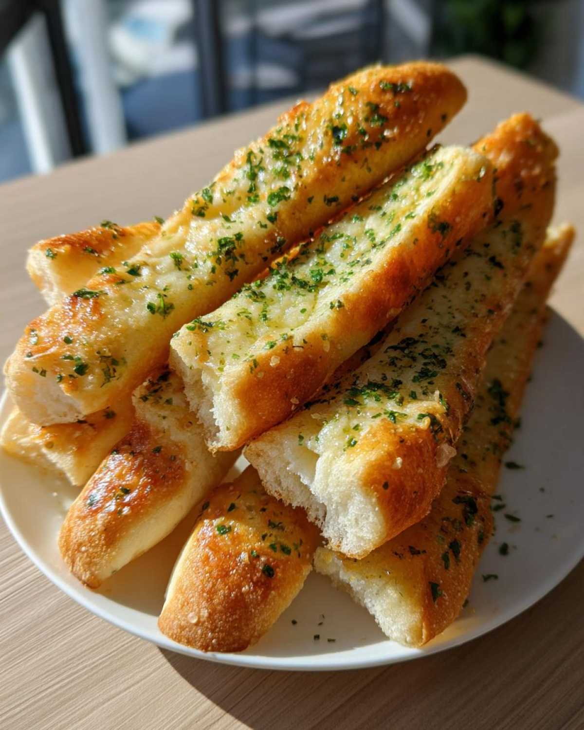 A stack of freshly baked, golden breadsticks brushed with garlic butter and sprinkled generously with chopped parsley.