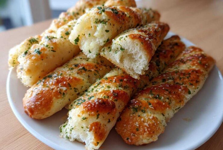 A pile of golden, soft copycat breadsticks seasoned with garlic and parsley on a white plate.