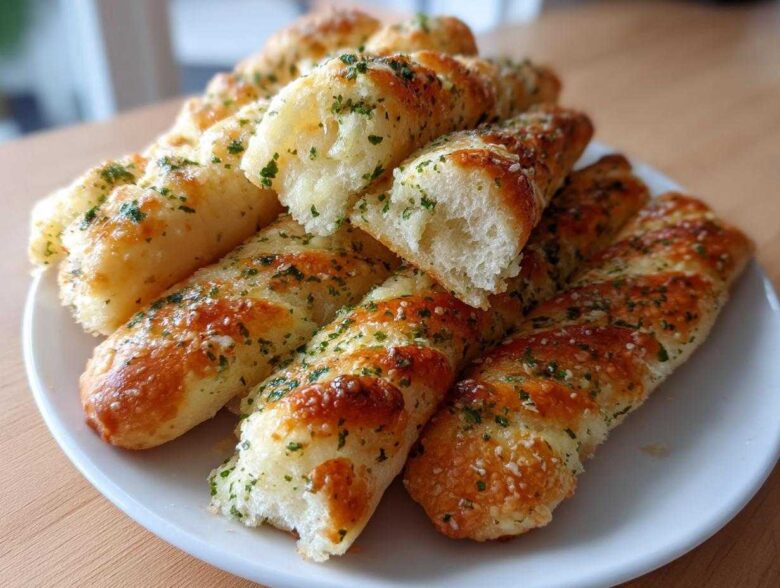 A pile of golden, soft copycat breadsticks seasoned with garlic and parsley on a white plate.