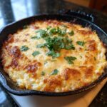 Close-up of baked corn dip with cream cheese, topped with melted, browned cheese and fresh cilantro.