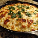 Close-up of hot, bubbly corn dip with cream cheese topped with melted, browned cheese and fresh cilantro.