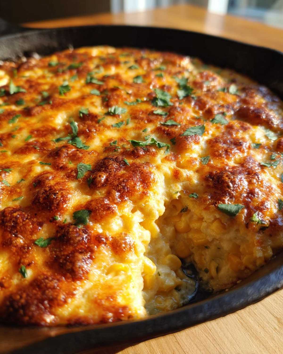 Close-up of hot, baked corn dip with cream cheese, featuring a bubbly, browned cheese top and fresh parsley.