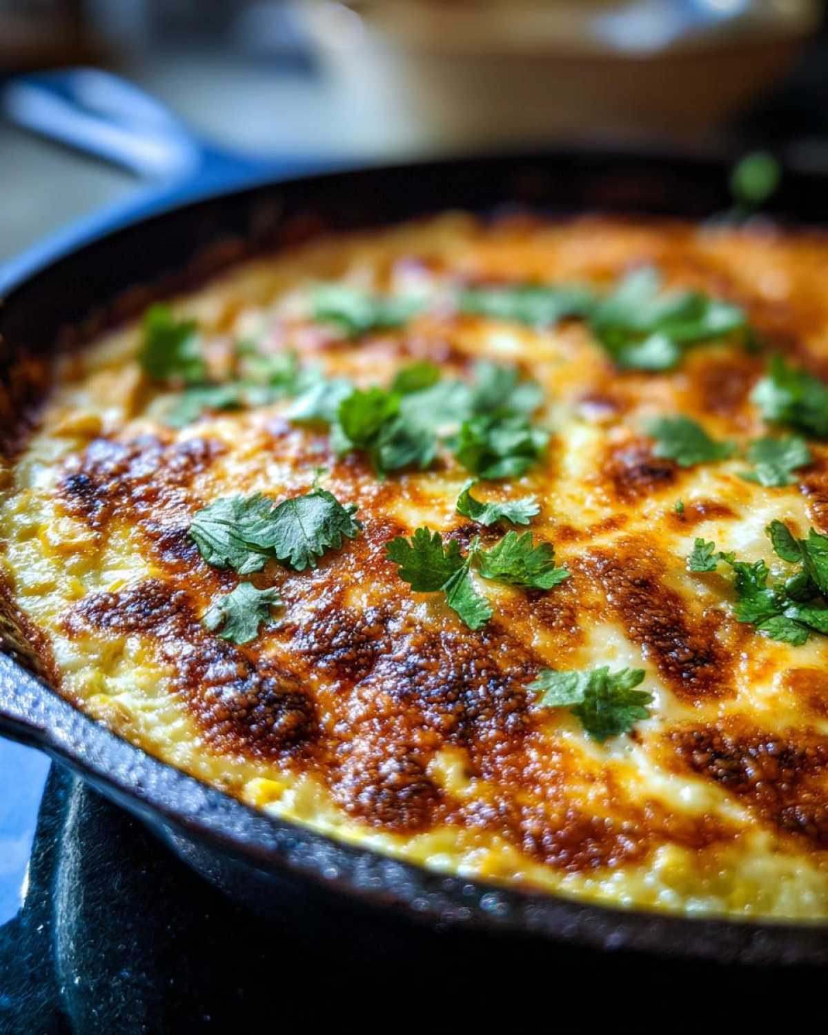 Close-up of a baked corn dip with cream cheese, featuring a golden-brown, bubbly cheese top garnished with fresh cilantro.