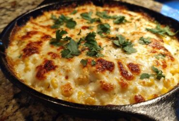 Close-up of hot, bubbly corn dip with cream cheese topped with melted, browned cheese and fresh cilantro.