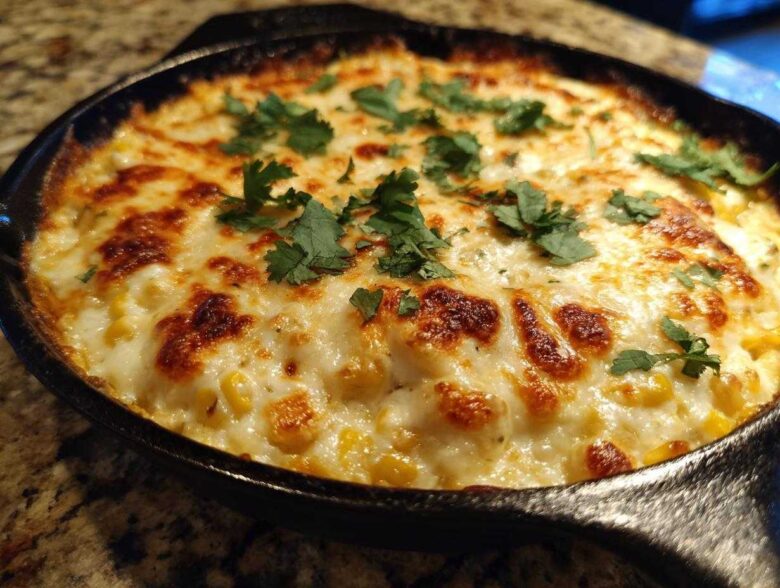 Close-up of hot, bubbly corn dip with cream cheese topped with melted, browned cheese and fresh cilantro.