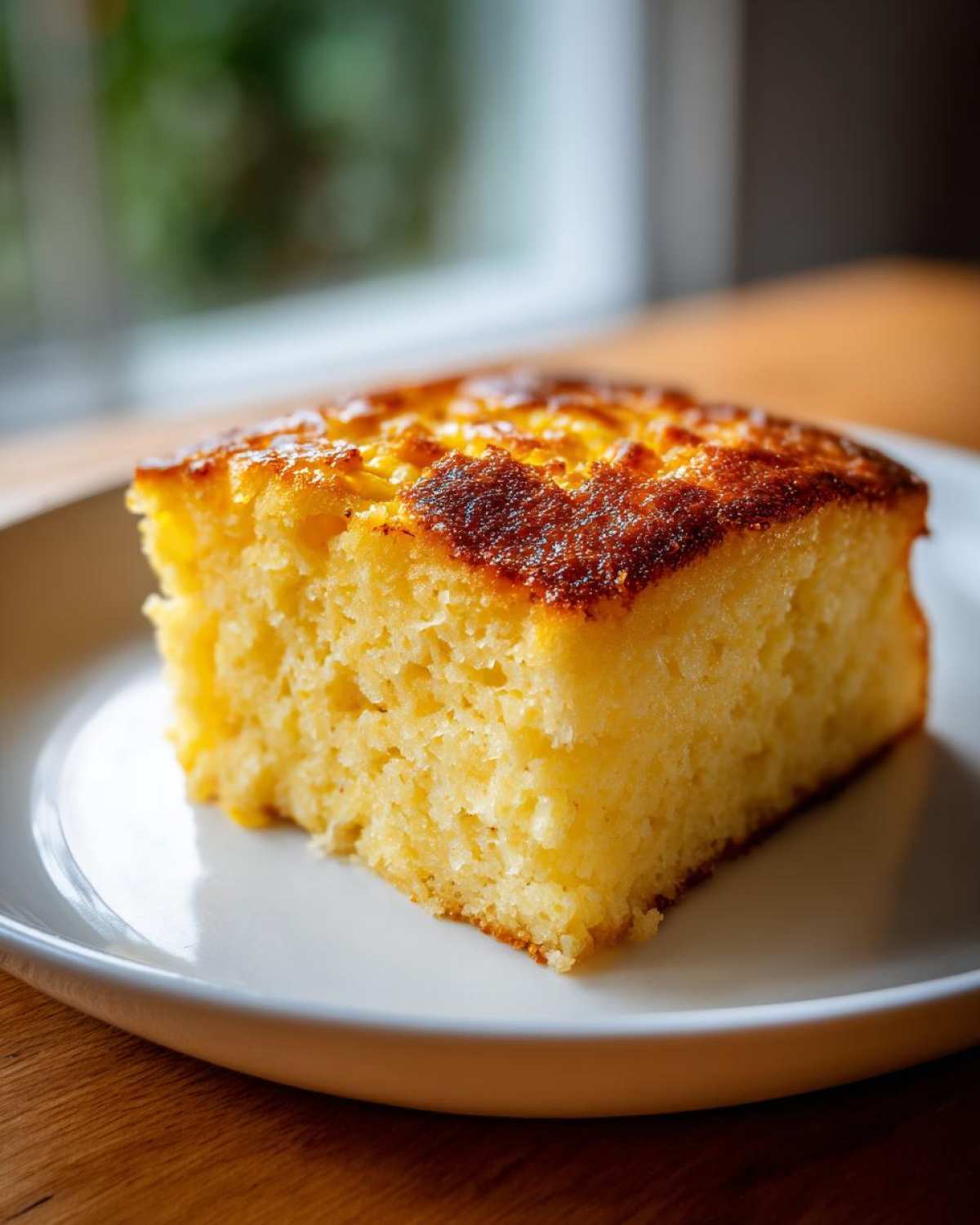 A close-up, golden slice of moist cornbread casserole with a slightly browned top, served on a white plate.