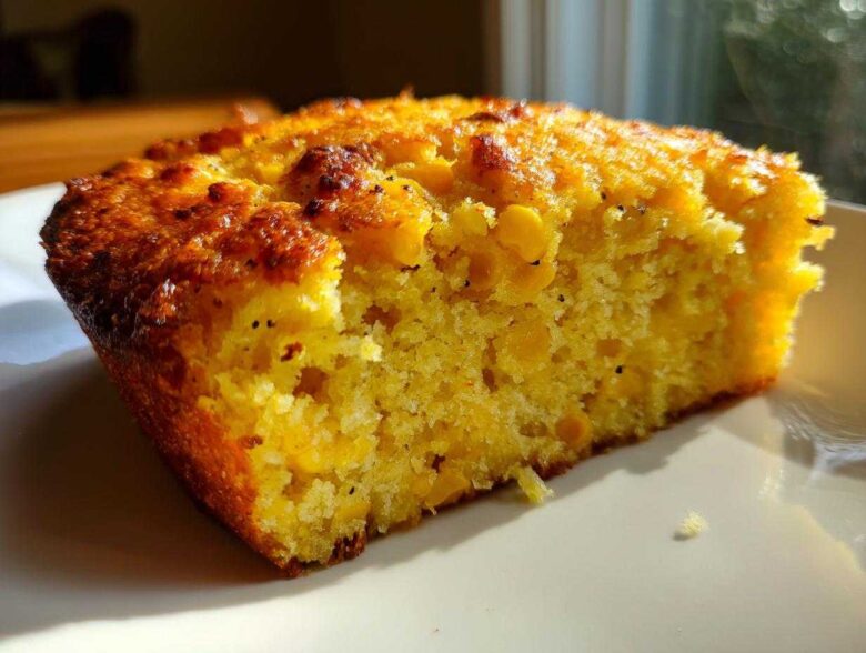 Close-up of a moist slice of cornbread casserole showing visible corn kernels and a golden-brown crust.