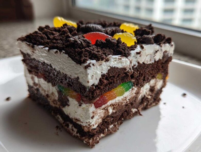 A layered slice of amazing dirt cake featuring chocolate cake, cream, and colorful gummy worms peeking out.